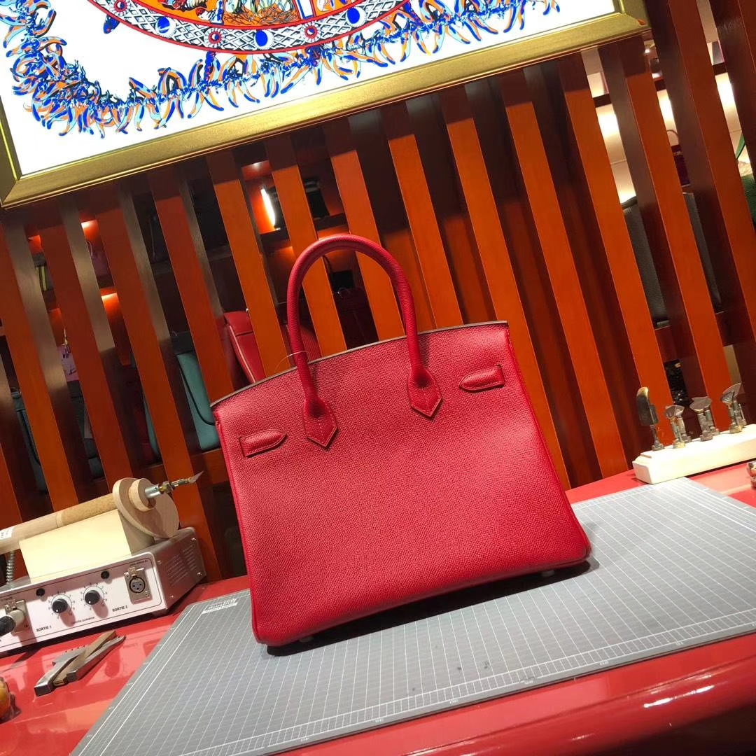 爱马仕Birkin包包 Hermes Birkin30CM Q5国旗红法国掌纹牛皮 银扣