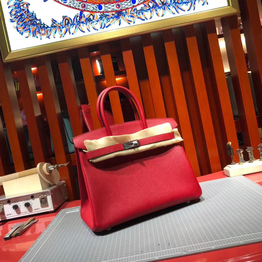 爱马仕Birkin包包 Hermes Birkin30CM Q5国旗红法国掌纹牛皮 银扣