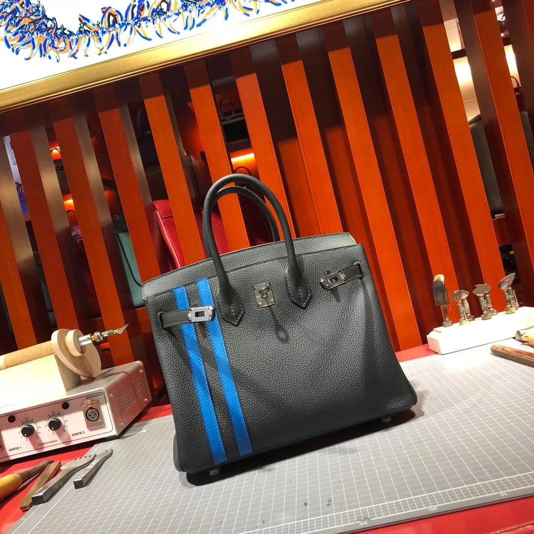 Hermes Birkin25CM 爱马仕2018新款拼色铂金包 CC88石墨灰拼B3坦桑尼亚蓝 银扣