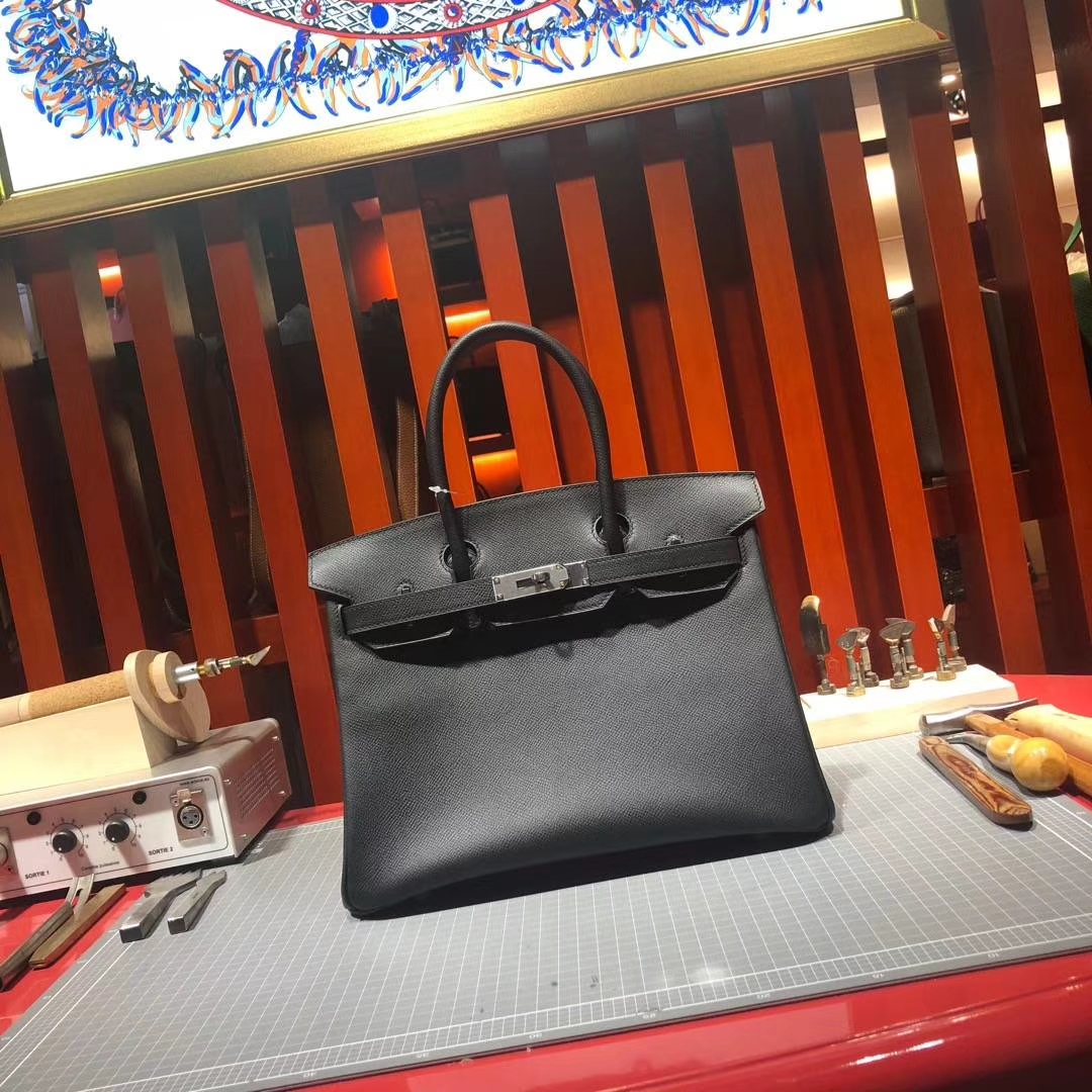 爱马仕铂金包价格 Hermes Birkin30CM 黑色原厂Epsom牛皮 银扣