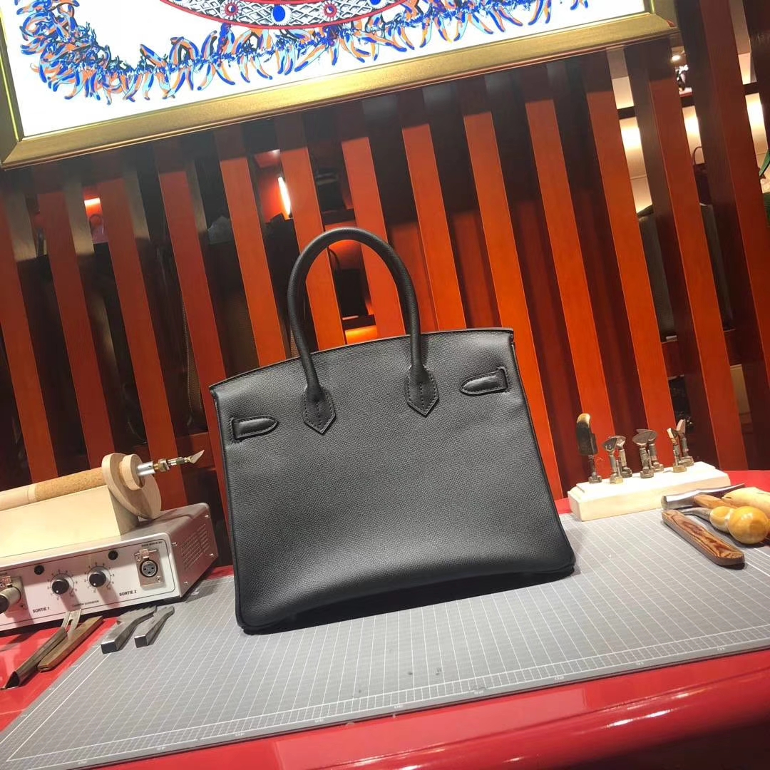 爱马仕铂金包价格 Hermes Birkin30CM 黑色原厂Epsom牛皮 银扣