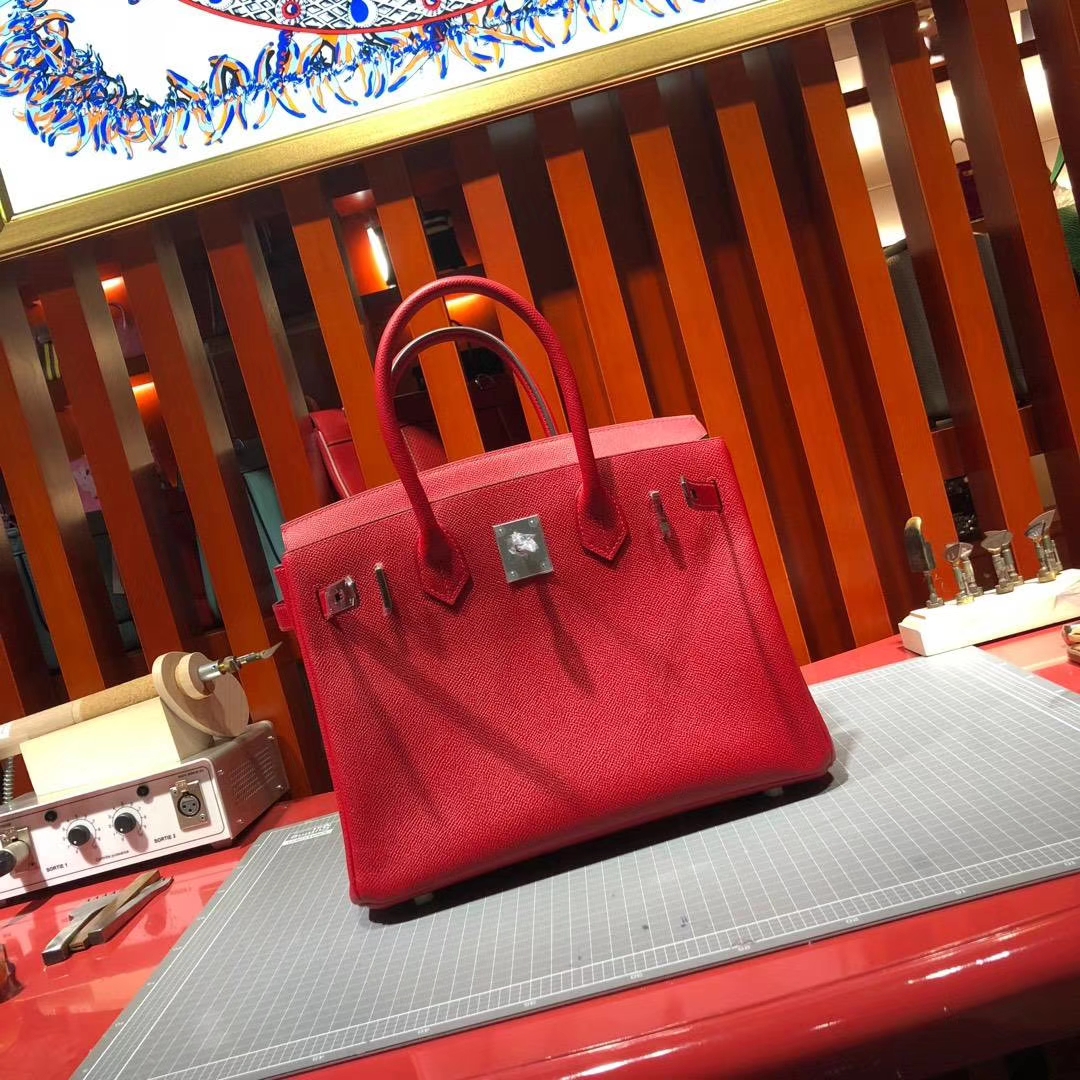 爱马仕Birkin包包 Hermes Birkin30CM Q5国旗红法国掌纹牛皮 银扣