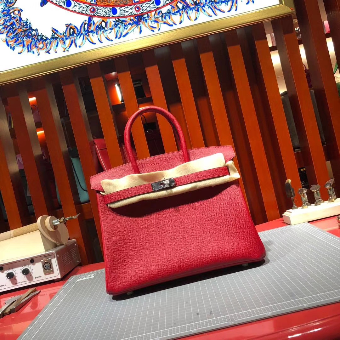 爱马仕Birkin包包 Hermes Birkin30CM Q5国旗红法国掌纹牛皮 银扣