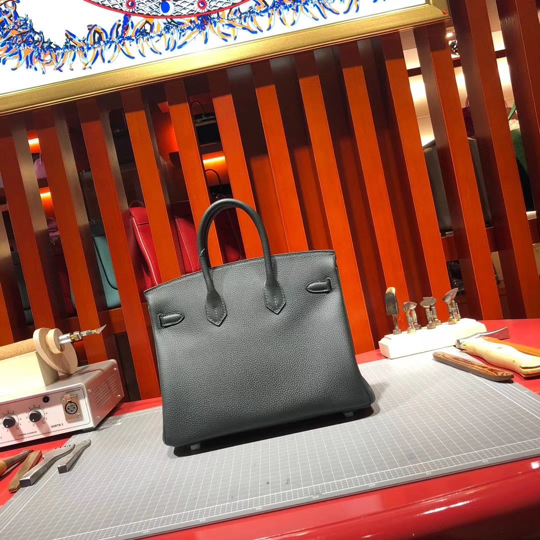 Hermes Birkin25CM 爱马仕2018新款拼色铂金包 CC88石墨灰拼B3坦桑尼亚蓝 银扣