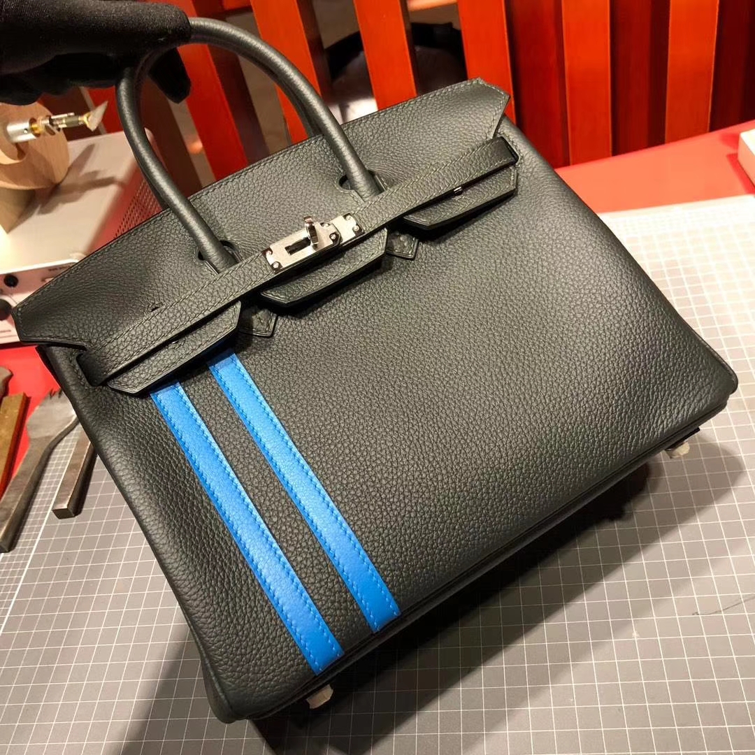 Hermes Birkin25CM 爱马仕2018新款拼色铂金包 CC88石墨灰拼B3坦桑尼亚蓝 银扣