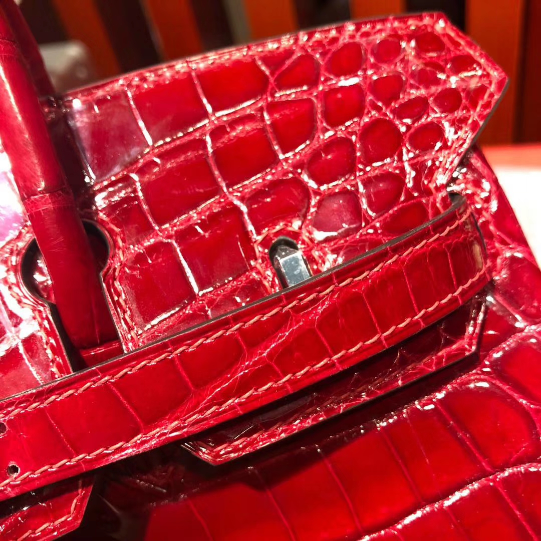 Hermes Birkin25CM 爱马仕法国亮面尼罗鳄鱼皮铂金包 法拉利红 银扣