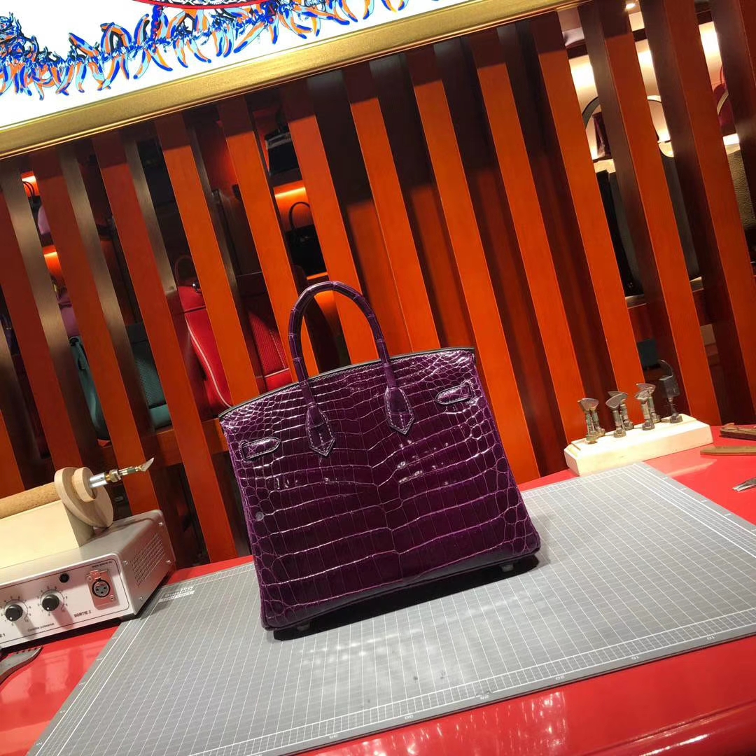 爱马仕铂金包尺寸 Hermes Birkin25CM 葡萄紫法国亮面鳄鱼皮 金扣