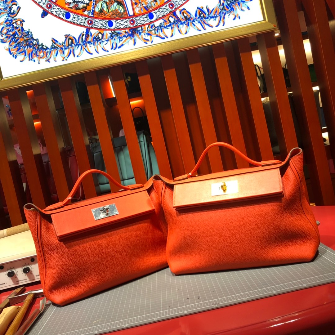 爱马仕凯莉包价格 Hermes Kelly24-24 火焰橙进口Togo小牛皮凯莉包29CM 银扣