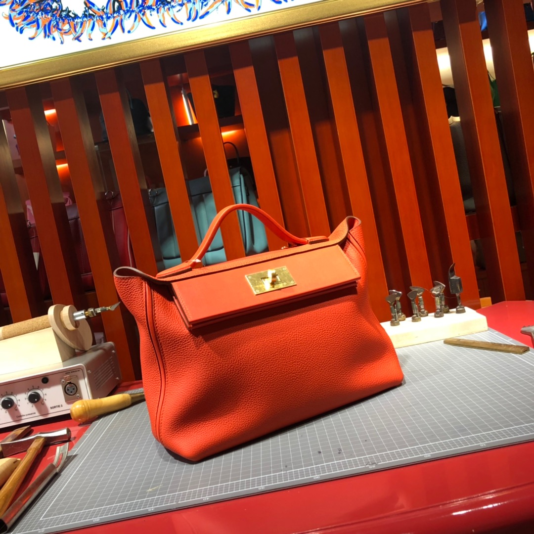 爱马仕凯莉包价格 Hermes Kelly24-24 火焰橙进口Togo小牛皮凯莉包29CM 银扣