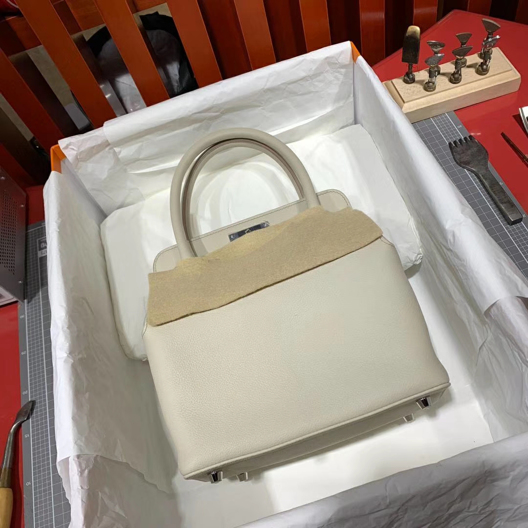 爱马仕包包价格 Hermes Toolbox20CM 80珍珠灰Evercolor牛皮手提女包 银扣