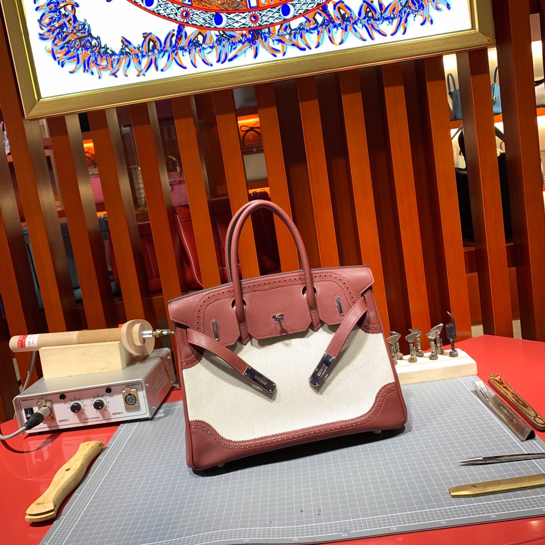 Hermes Birkin30CM 爱马仕蕾丝铂金包 57波尔多酒红牛皮拼帆布 银扣