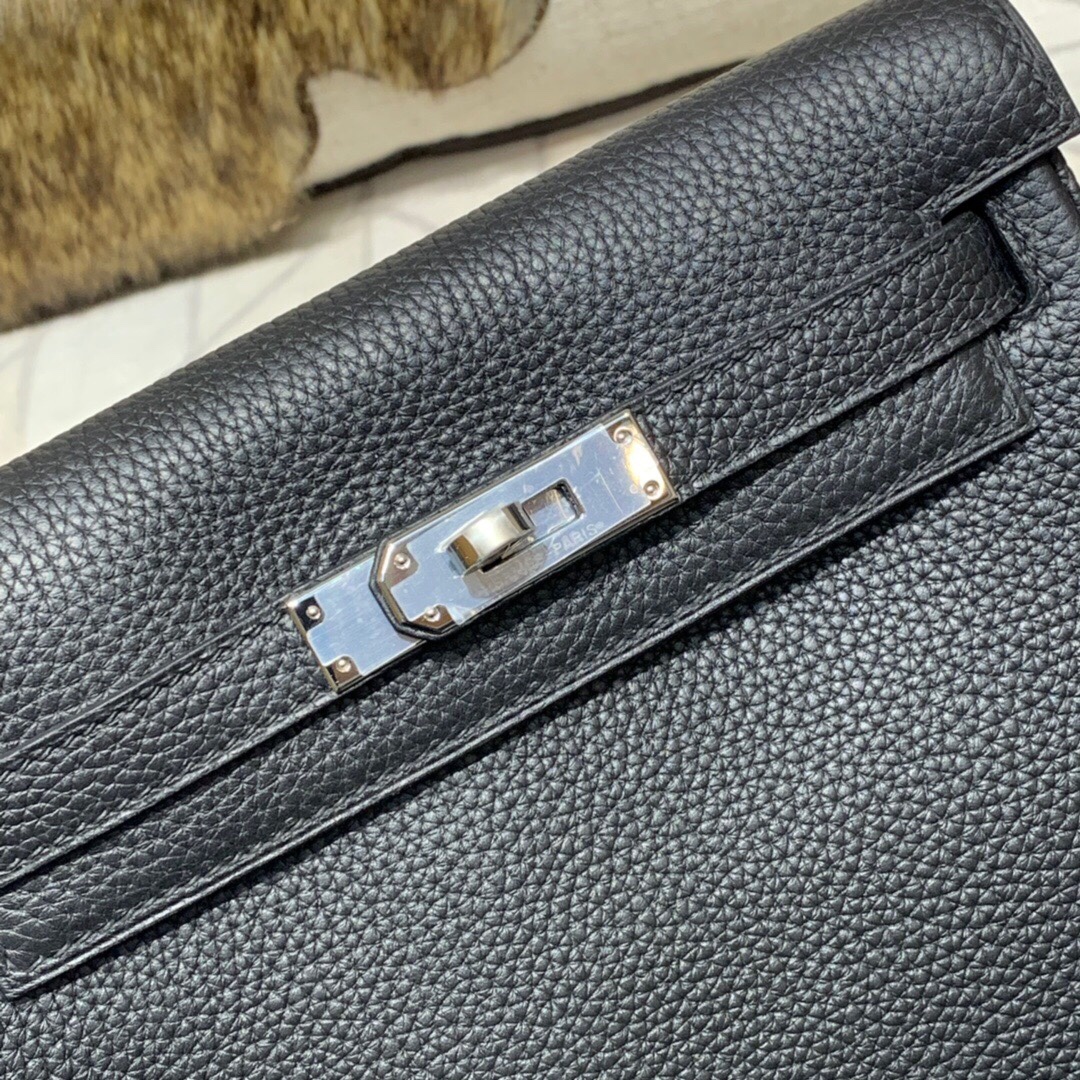 纯手工缝制 Hermes Kelly ado 爱马仕黑色Togo牛皮双肩背包20CM 银扣