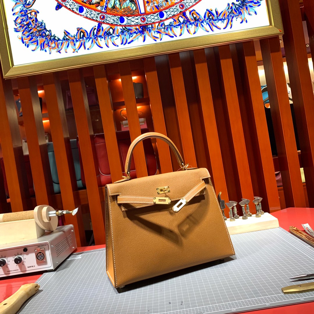 爱马仕Kelly女包 Hermes Kelly25CM 土黄色顶级Epsom牛皮凯莉包 金扣