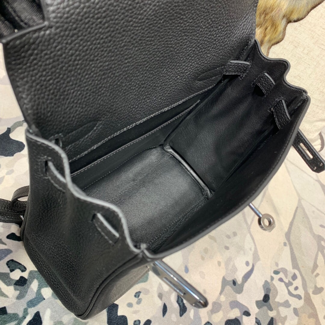 纯手工缝制 Hermes Kelly ado 爱马仕黑色Togo牛皮双肩背包20CM 银扣