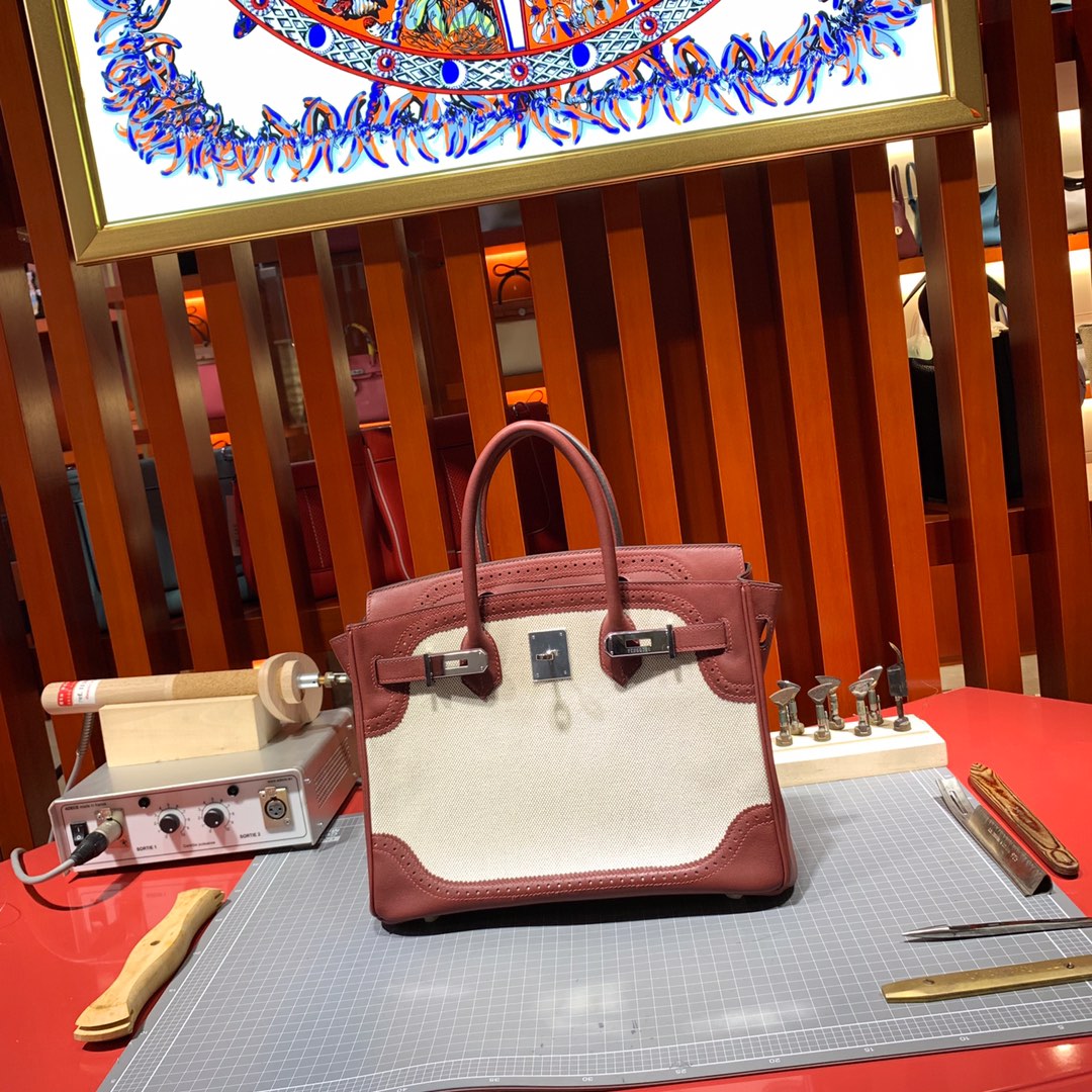 Hermes Birkin30CM 爱马仕蕾丝铂金包 57波尔多酒红牛皮拼帆布 银扣