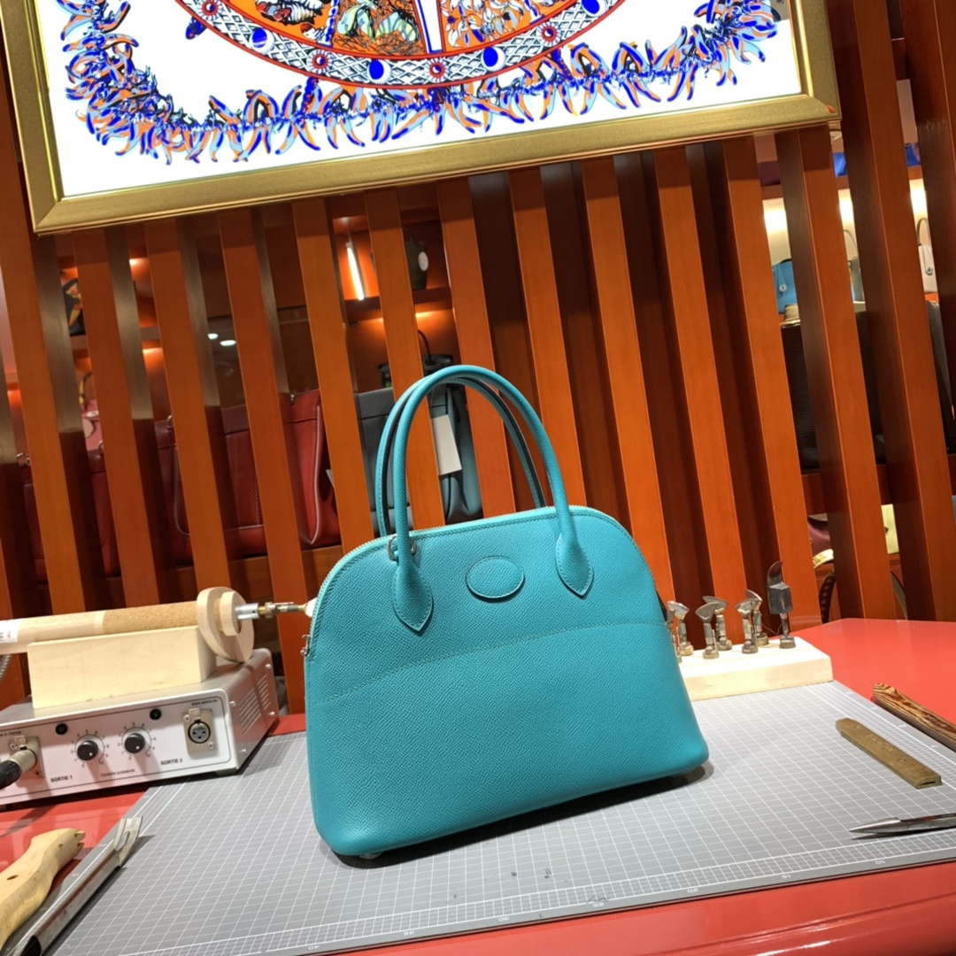 爱马仕包包批发 Hermes Bolide27CM 孔雀蓝进口手掌纹牛皮保龄球包手提女包