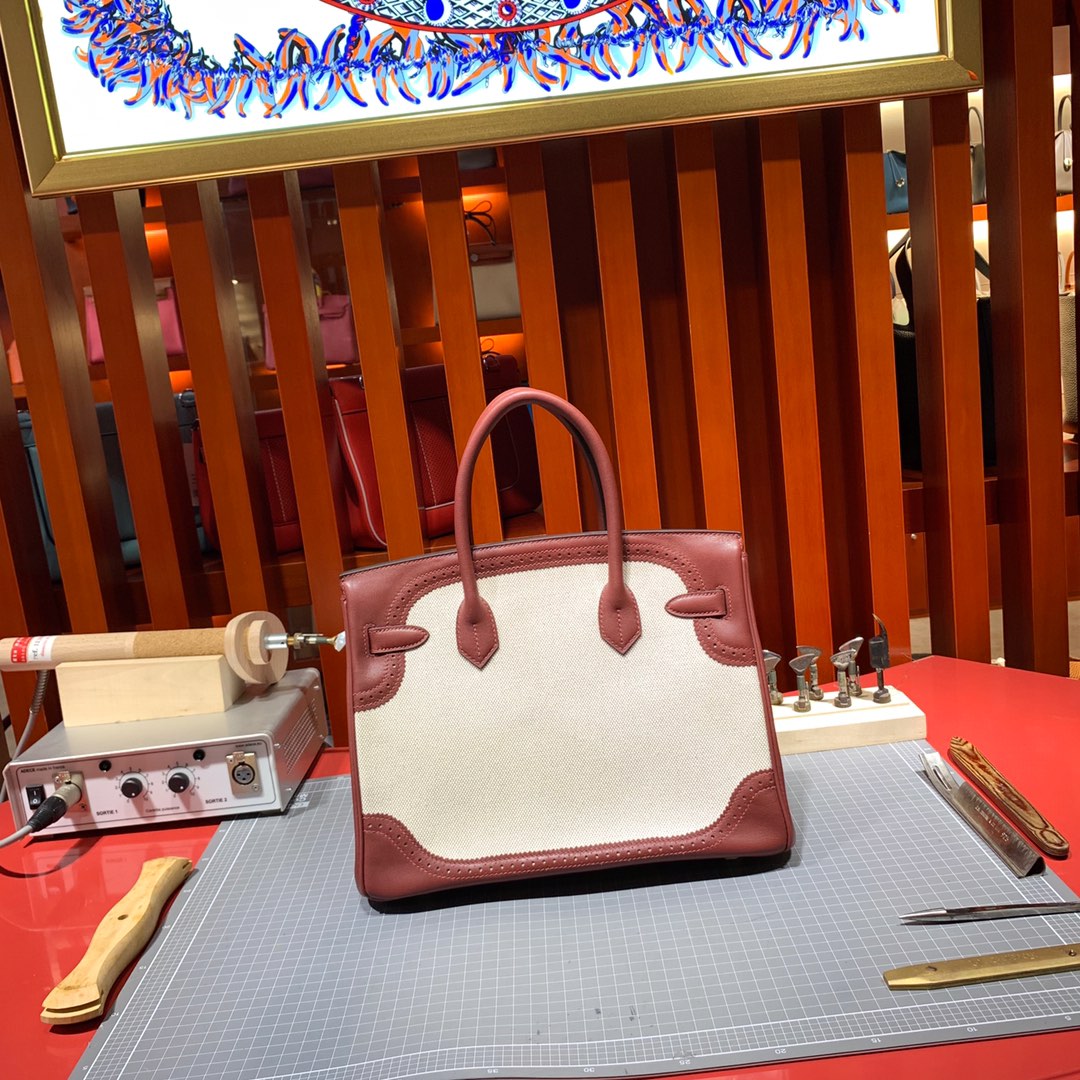 Hermes Birkin30CM 爱马仕蕾丝铂金包 57波尔多酒红牛皮拼帆布 银扣