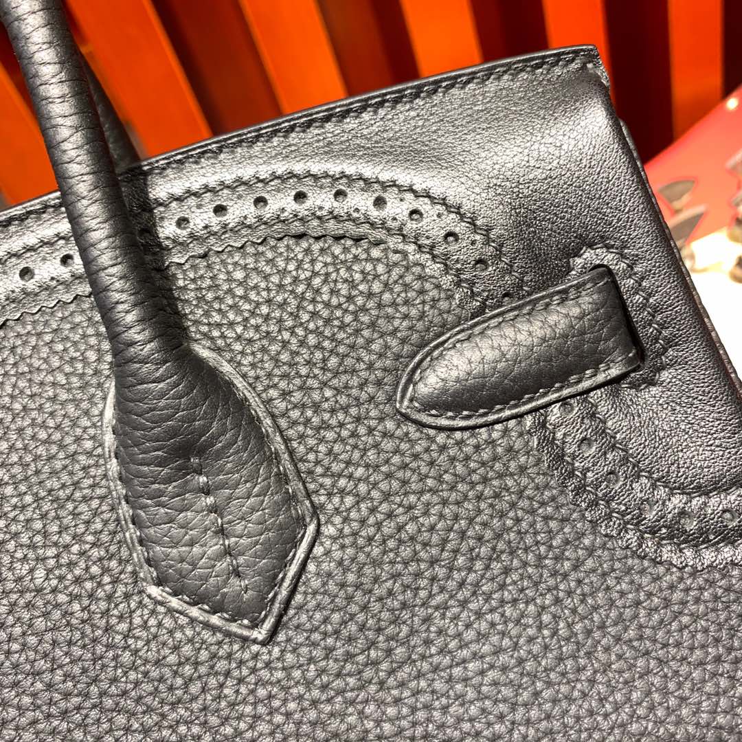 Hermes新款女包 爱马仕89黑色Togo皮拼Swift牛皮蕾丝铂金包Birkin30CM 金扣