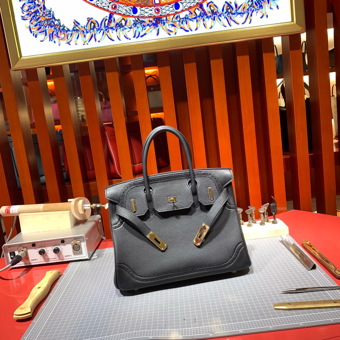 Hermes新款女包 爱马仕89黑色Togo皮拼Swift牛皮蕾丝铂金包Birkin30CM 金扣