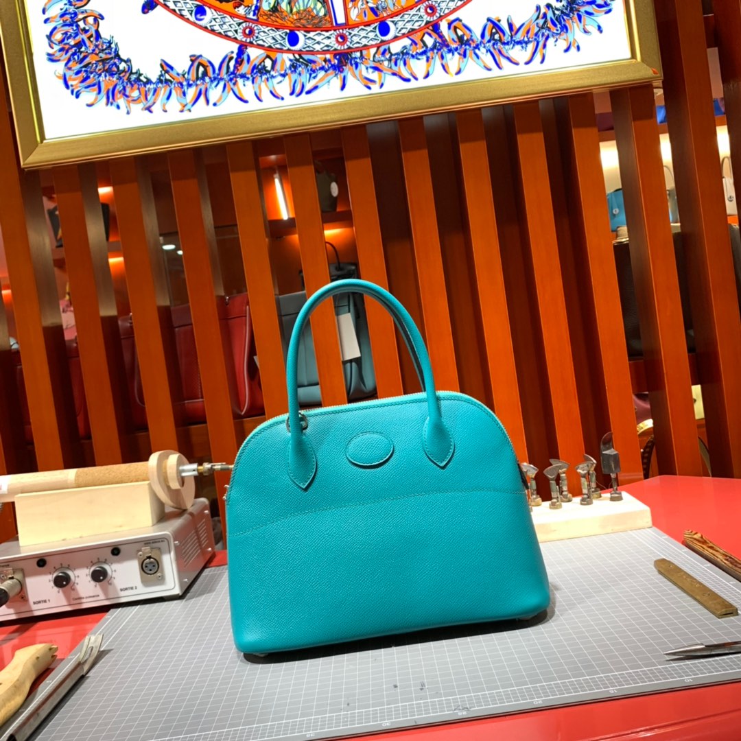 爱马仕包包批发 Hermes Bolide27CM 孔雀蓝进口手掌纹牛皮保龄球包手提女包