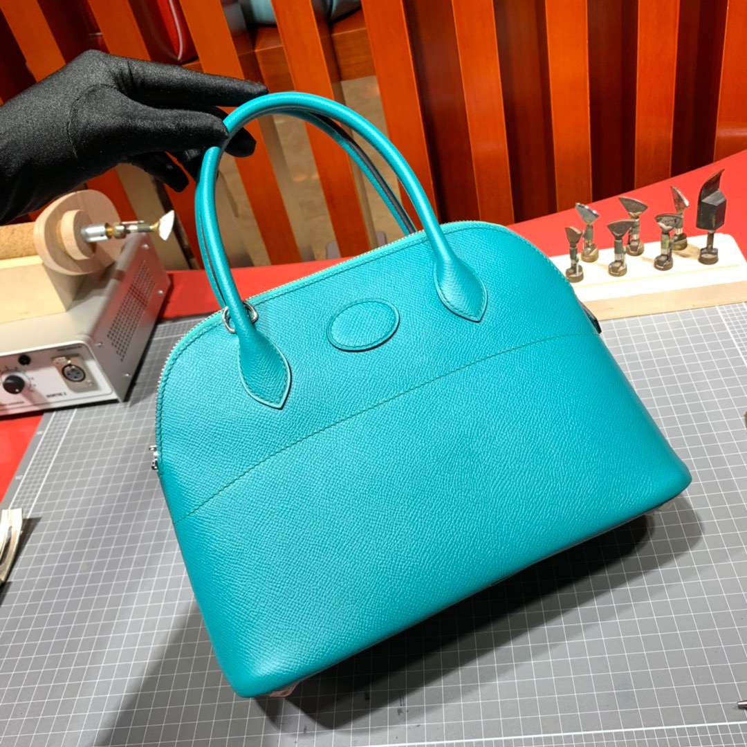 爱马仕包包批发 Hermes Bolide27CM 孔雀蓝进口手掌纹牛皮保龄球包手提女包