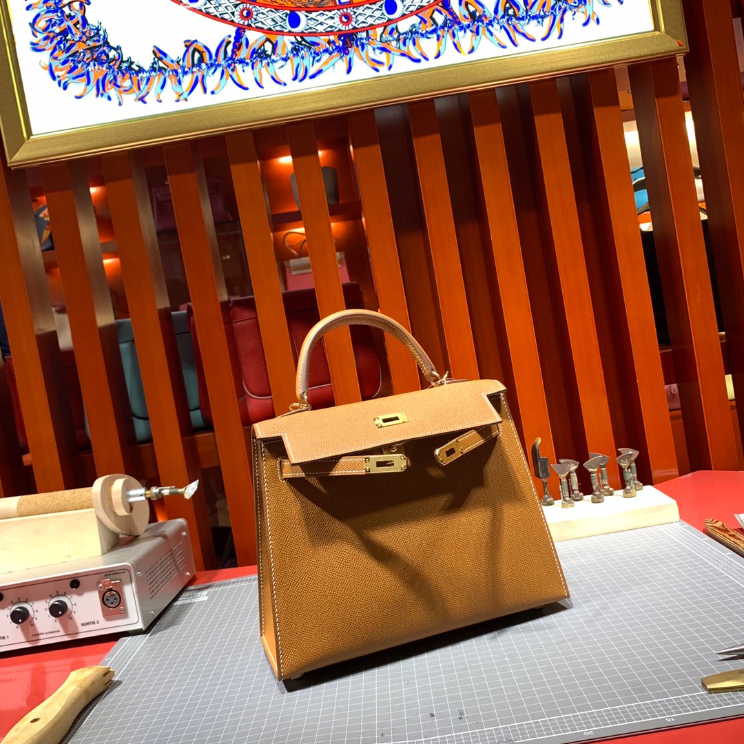 爱马仕Kelly女包 Hermes Kelly25CM 土黄色顶级Epsom牛皮凯莉包 金扣