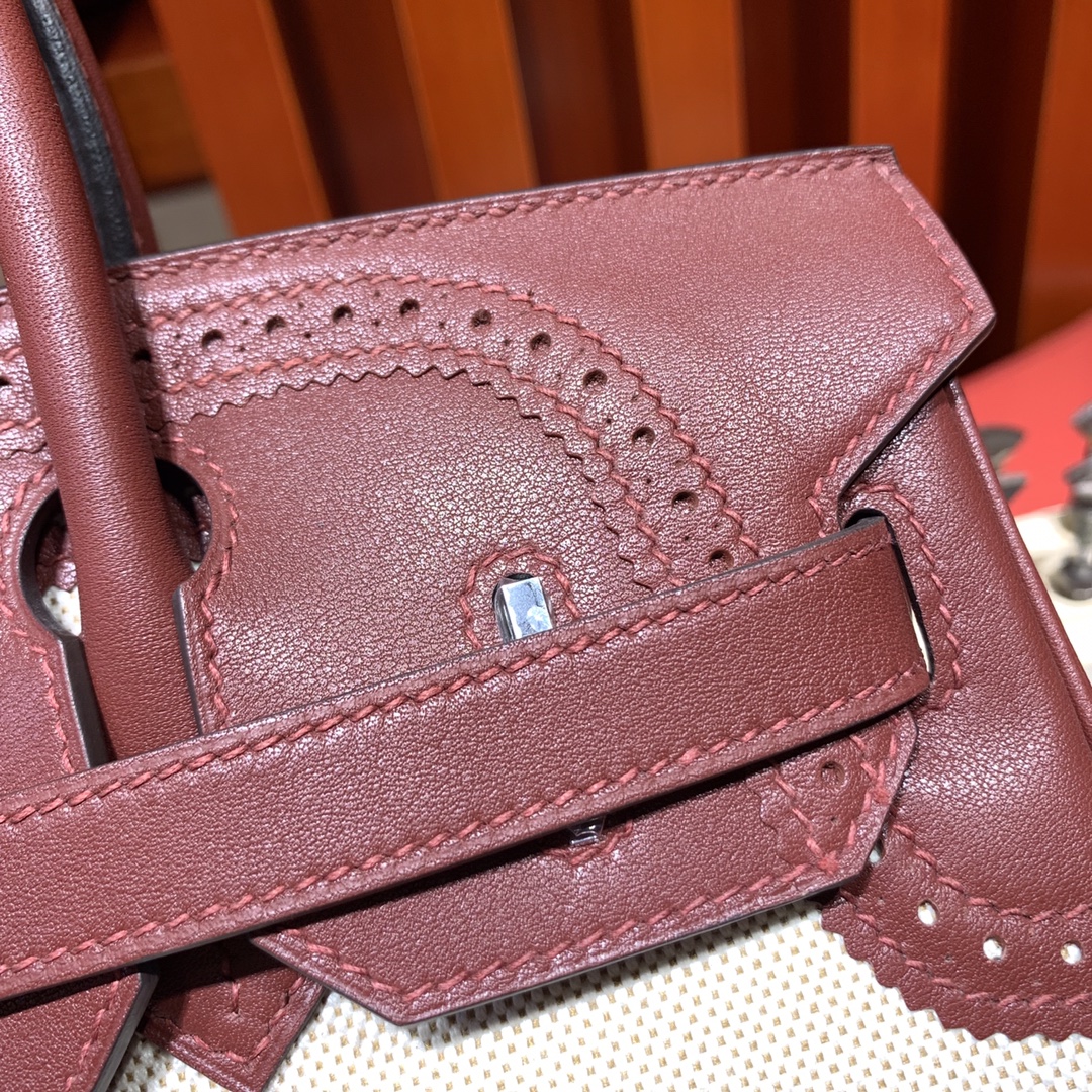 Hermes Birkin30CM 爱马仕蕾丝铂金包 57波尔多酒红牛皮拼帆布 银扣