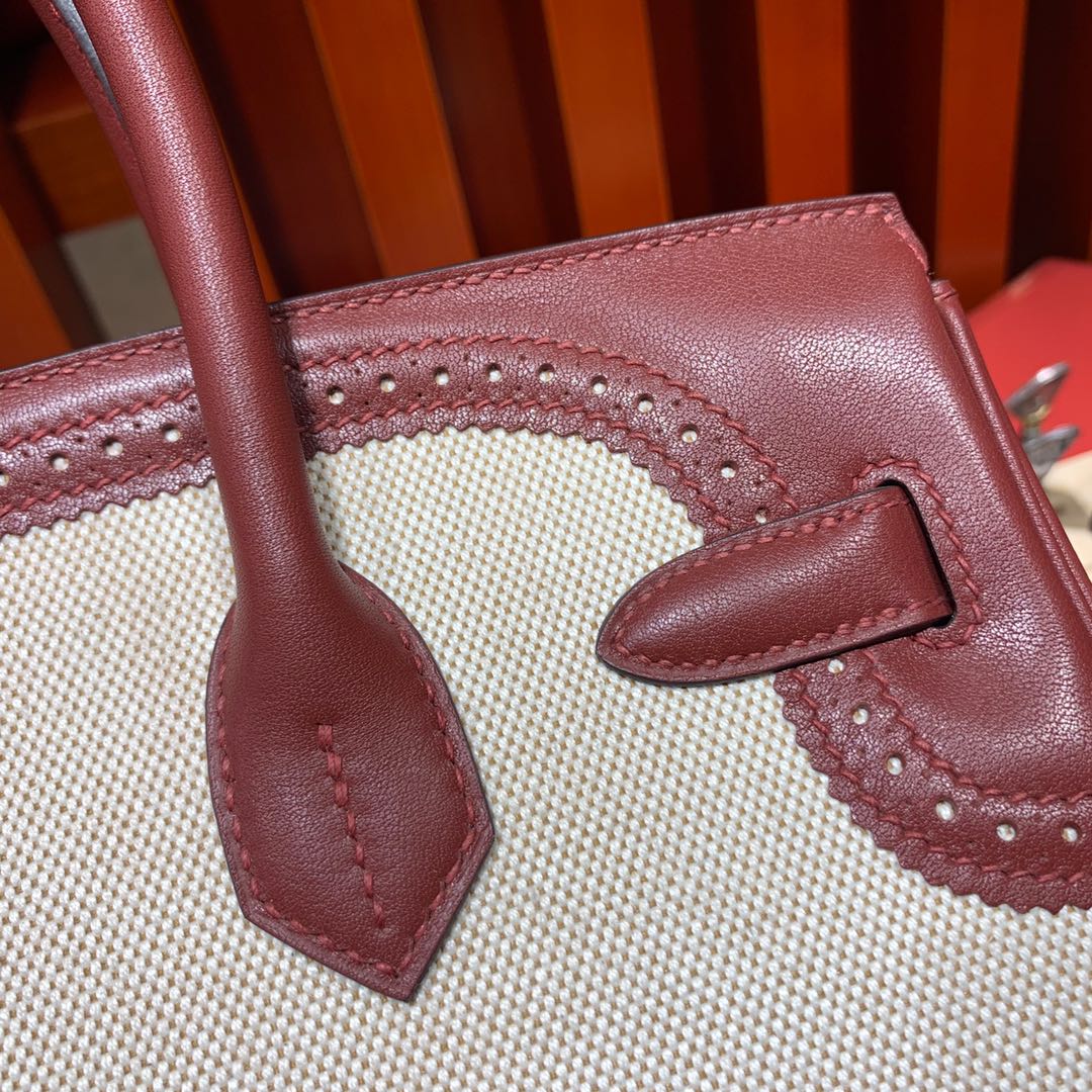 Hermes Birkin30CM 爱马仕蕾丝铂金包 57波尔多酒红牛皮拼帆布 银扣