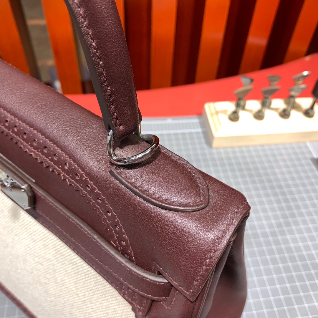 爱马仕蕾丝凯莉包 Hermes Kelly28CM 57波尔多酒红牛皮拼帆布 银扣