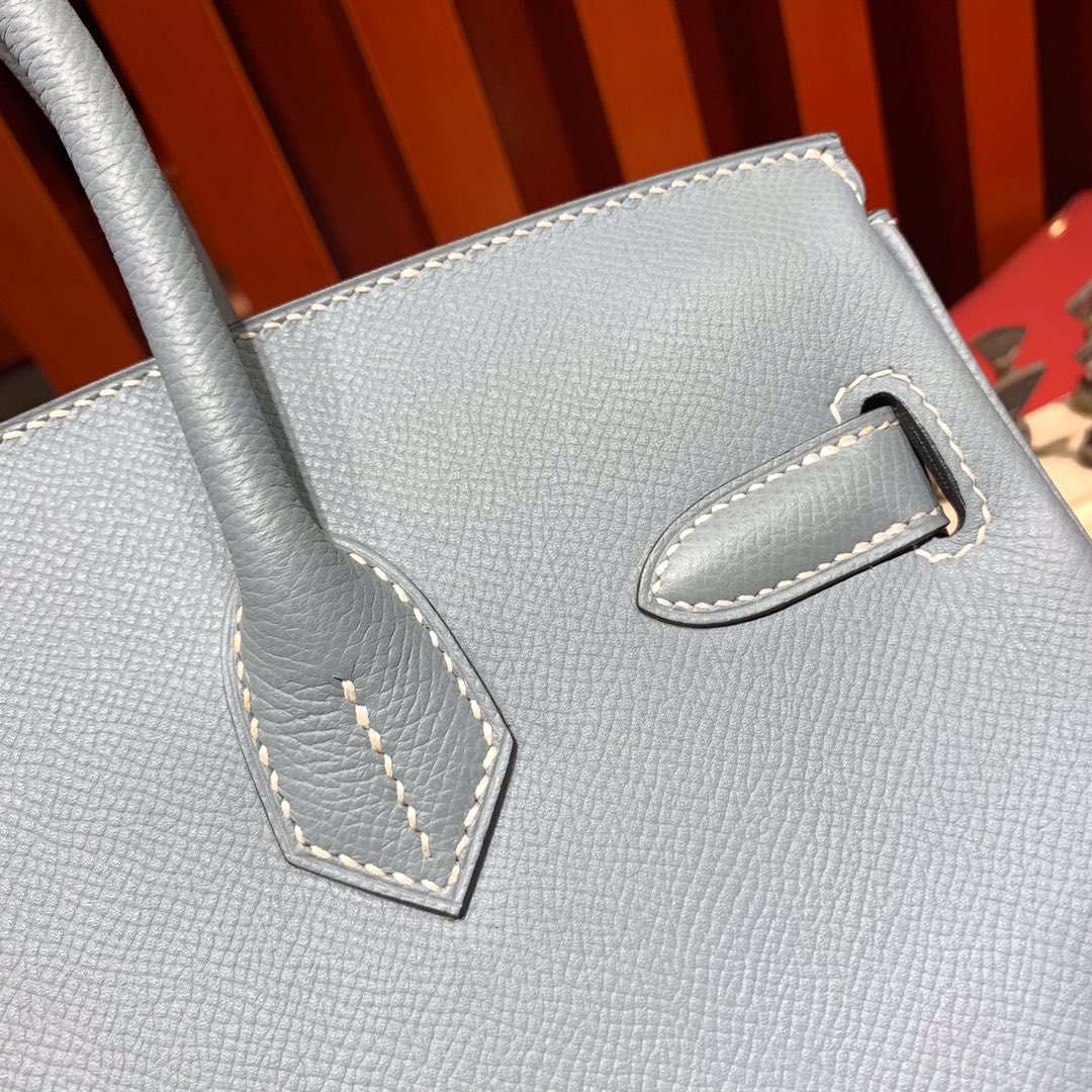 Hermes经典女包 爱马仕J7亚麻蓝顶级Epsom牛皮铂金包Birkin25CM 金扣