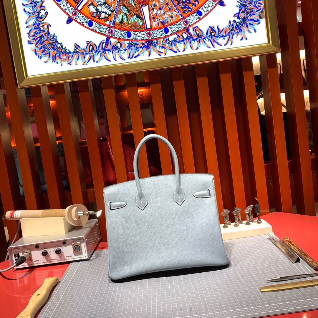 Hermes经典女包 爱马仕J7亚麻蓝顶级Epsom牛皮铂金包Birkin25CM 金扣