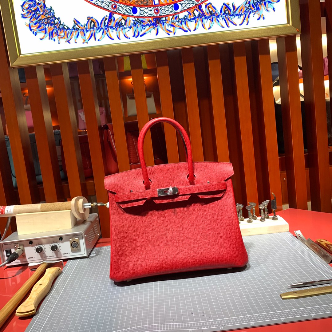 Hermes女包批发 爱马仕Q5中国红手掌纹牛皮铂金包Birkin25CM 银扣