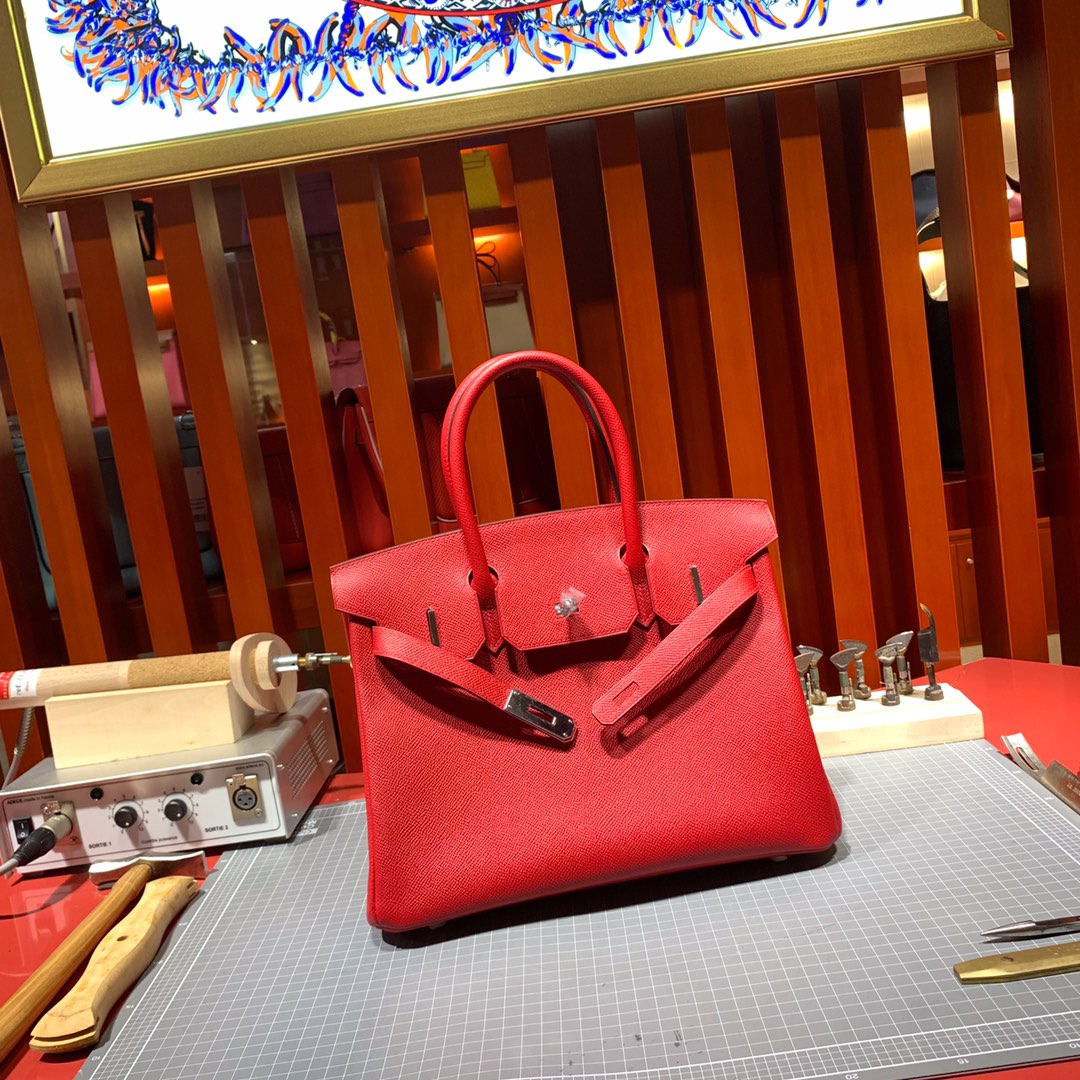 Hermes女包批发 爱马仕Q5中国红手掌纹牛皮铂金包Birkin25CM 银扣