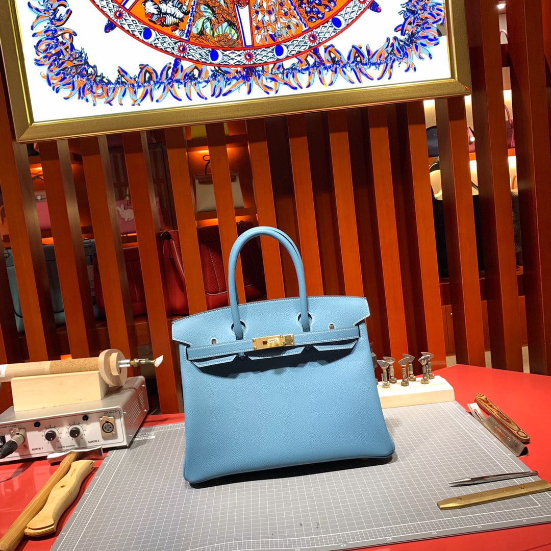 爱马仕Birkin包包 Hermes Birkin25CM 75牛仔蓝手掌纹牛皮 银扣