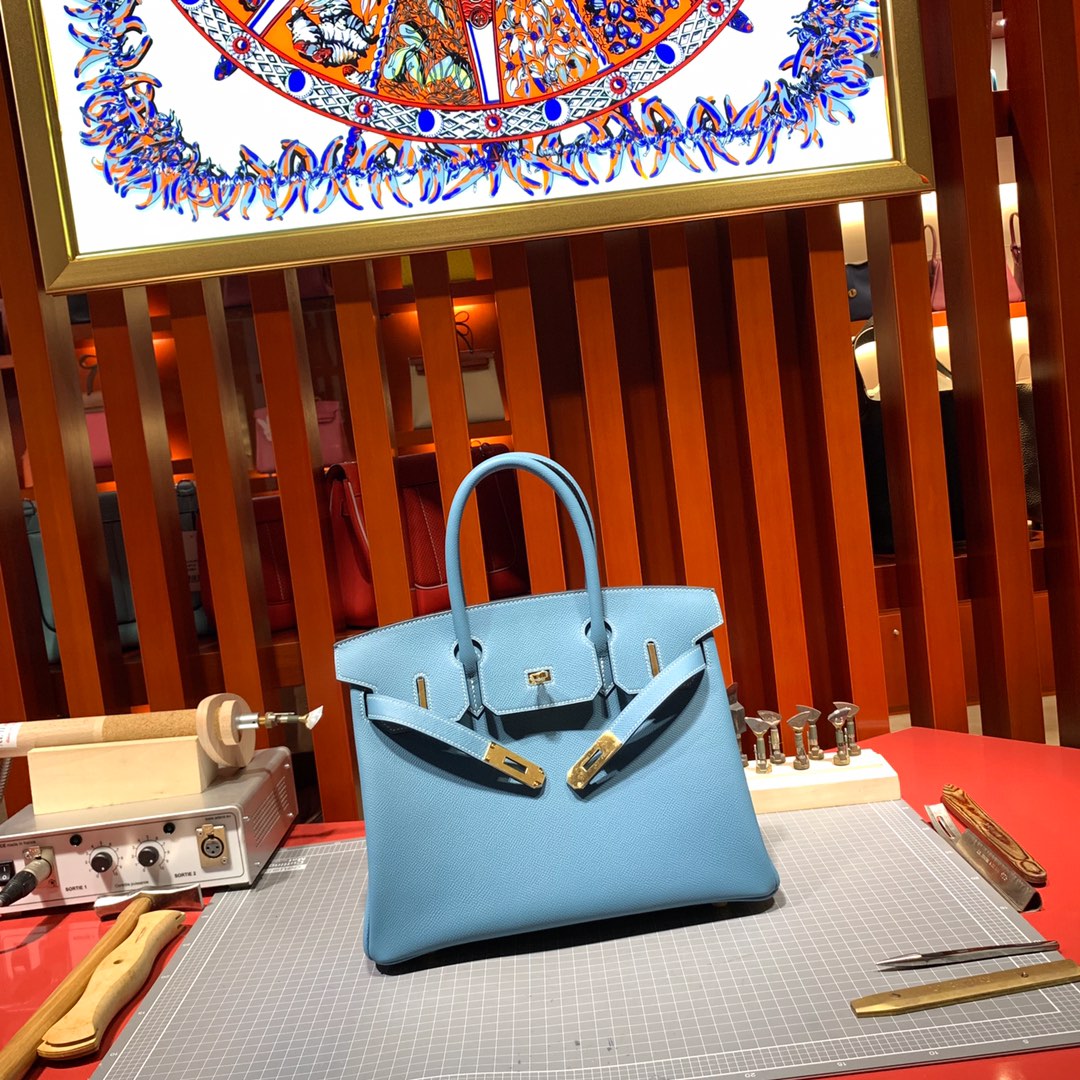 爱马仕Birkin包包 Hermes Birkin25CM 75牛仔蓝手掌纹牛皮 银扣