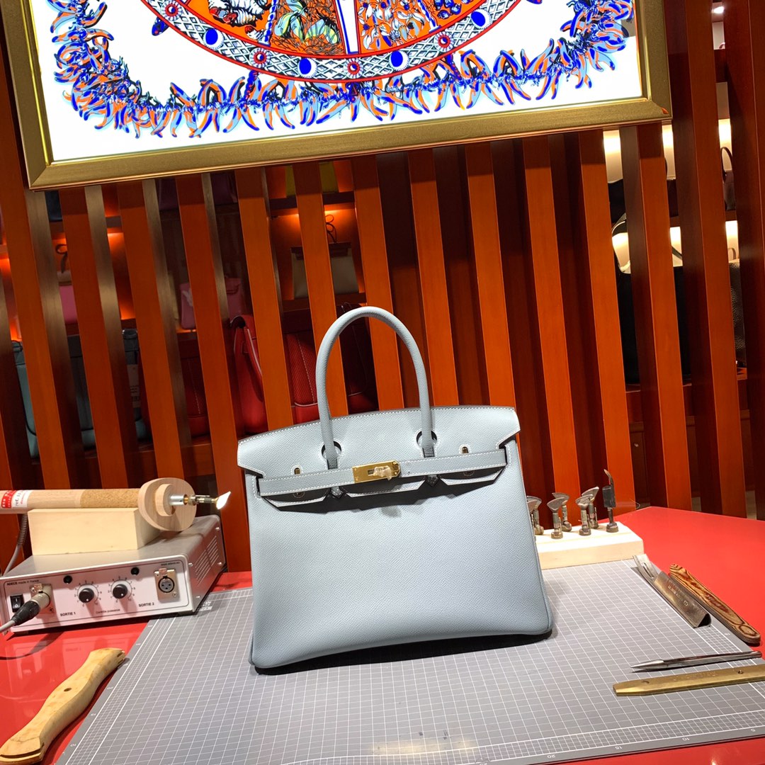 Hermes经典女包 爱马仕J7亚麻蓝顶级Epsom牛皮铂金包Birkin25CM 金扣