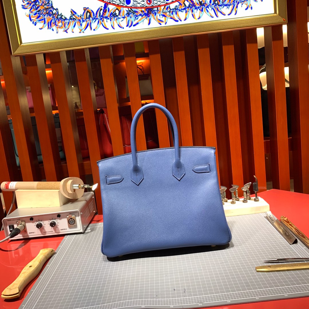 爱马仕铂金包价格 Hermes进口手掌纹牛皮Birkin25CM R2玛瑙蓝 金扣