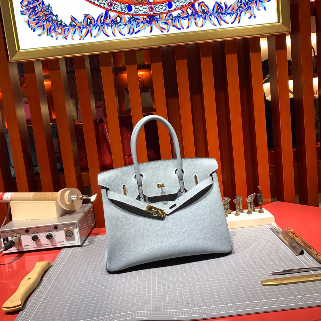 Hermes经典女包 爱马仕J7亚麻蓝顶级Epsom牛皮铂金包Birkin25CM 金扣