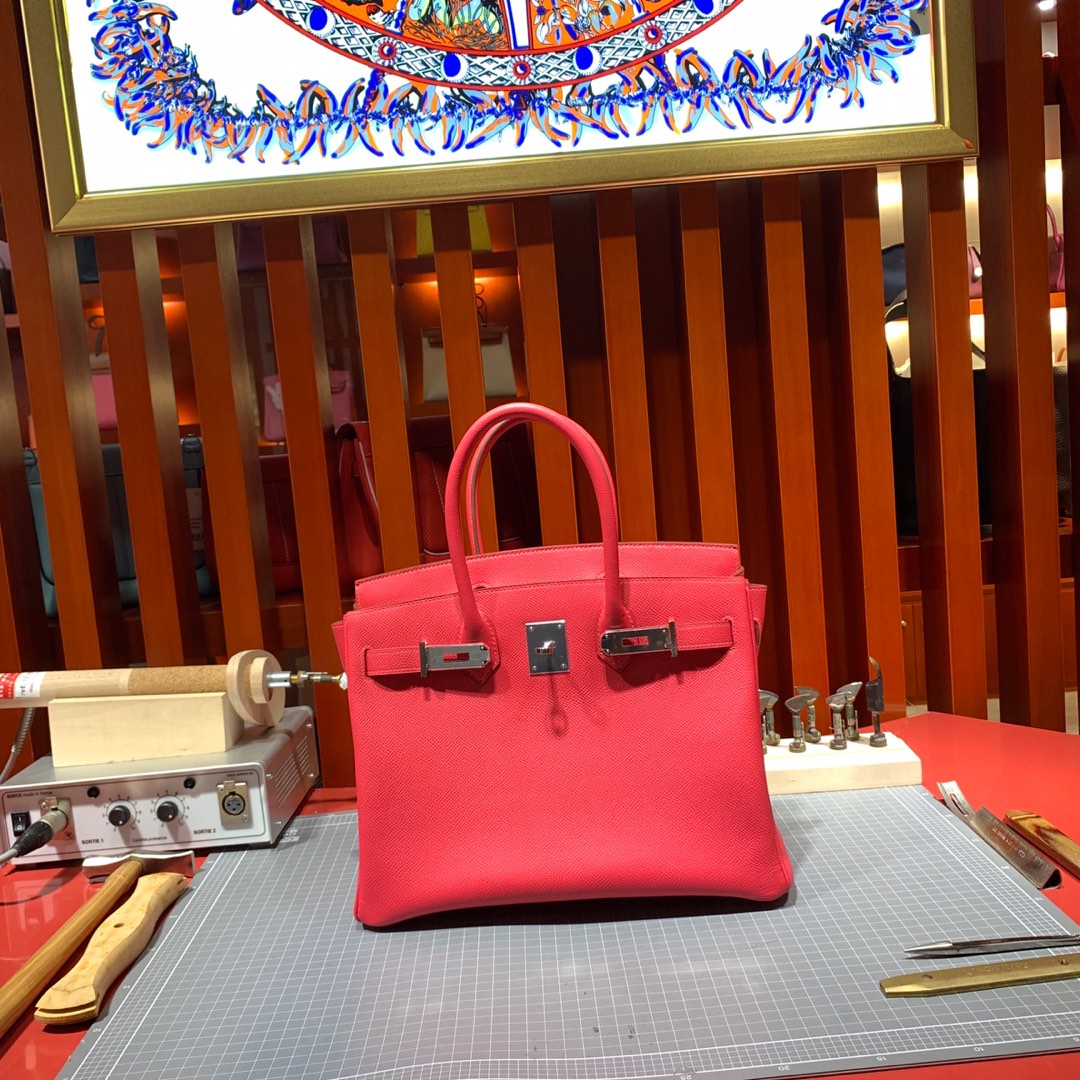 爱马仕铂金包尺寸 Hermes进口Epsom牛皮Birkin25CM Q5大红 银扣