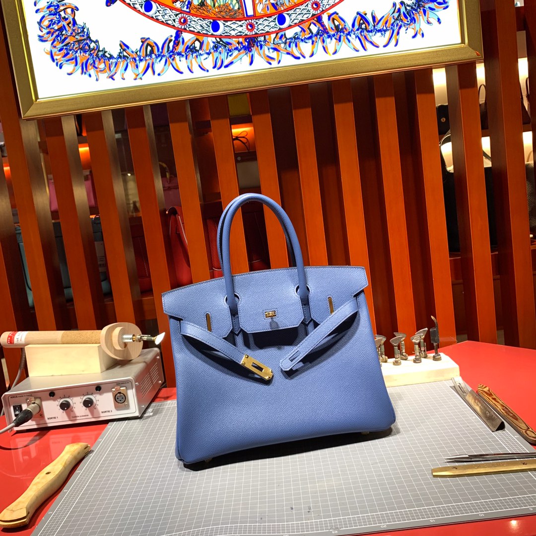 爱马仕铂金包价格 Hermes进口手掌纹牛皮Birkin25CM R2玛瑙蓝 金扣