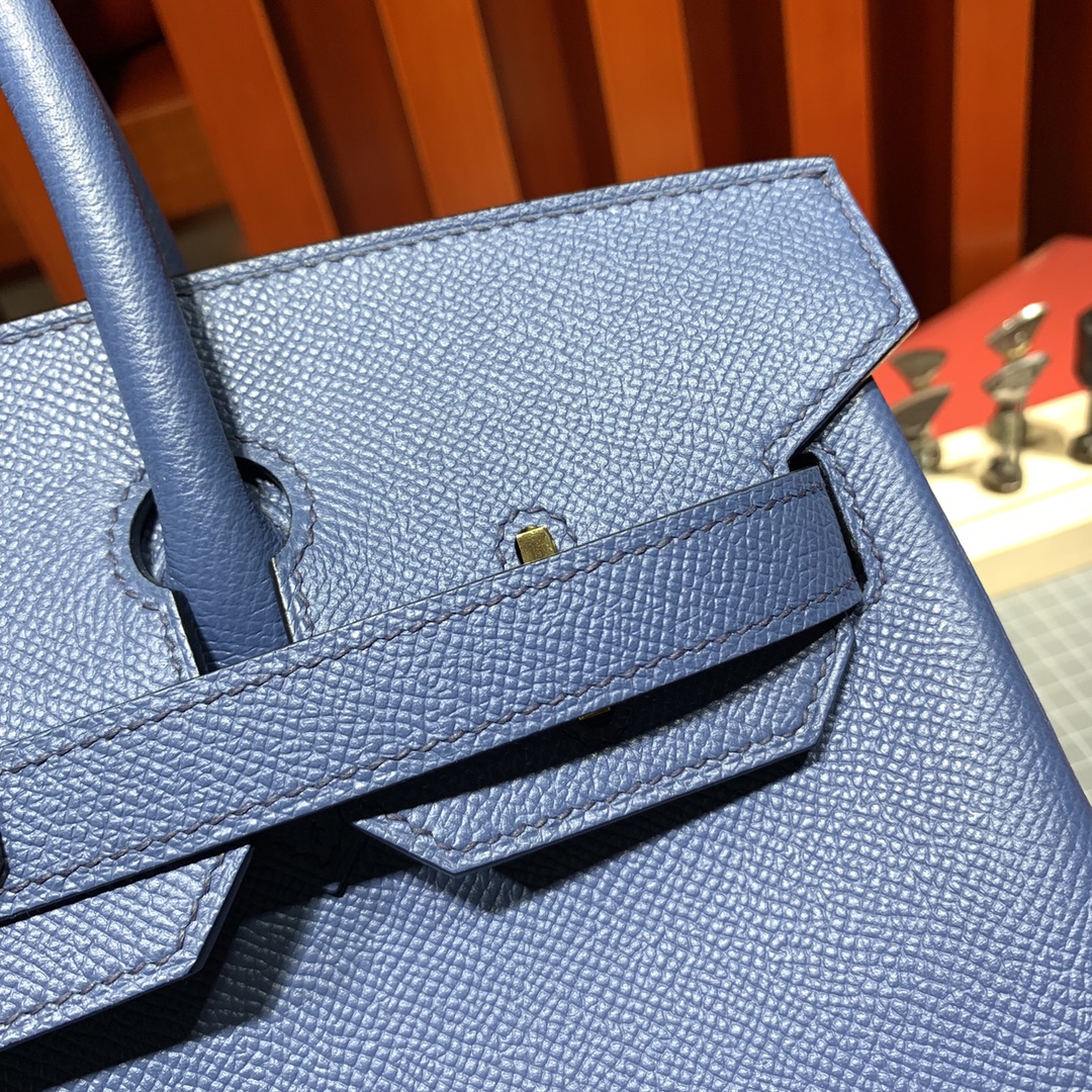 爱马仕铂金包价格 Hermes进口手掌纹牛皮Birkin25CM R2玛瑙蓝 金扣