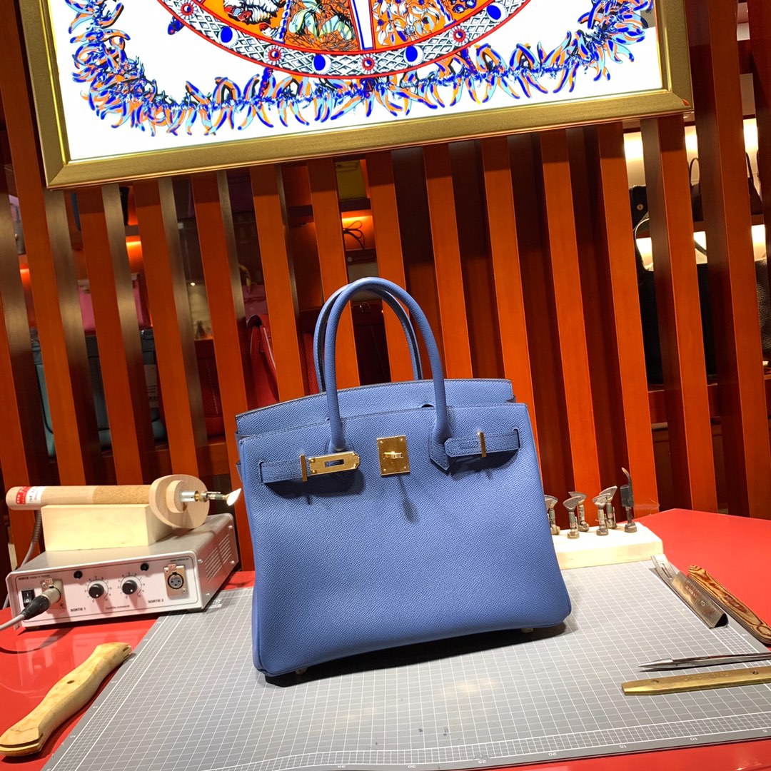 爱马仕铂金包价格 Hermes进口手掌纹牛皮Birkin25CM R2玛瑙蓝 金扣