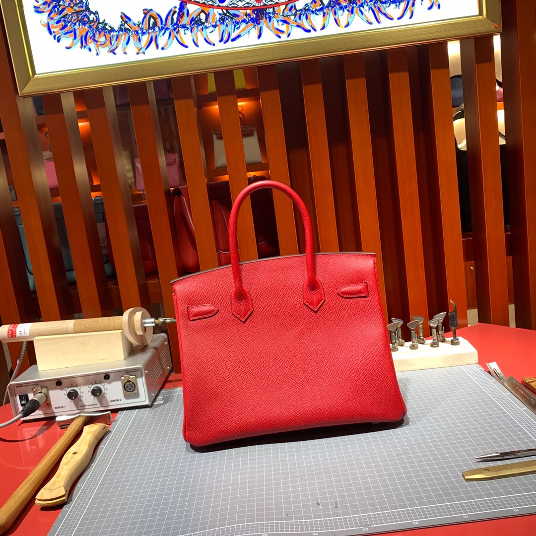 Hermes女包批发 爱马仕Q5中国红手掌纹牛皮铂金包Birkin25CM 银扣