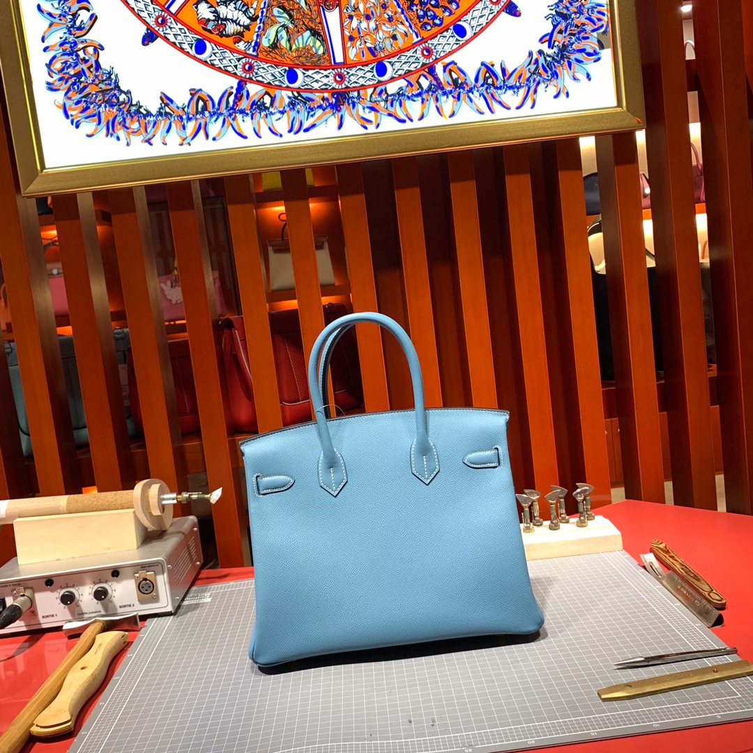 爱马仕Birkin包包 Hermes Birkin25CM 75牛仔蓝手掌纹牛皮 银扣