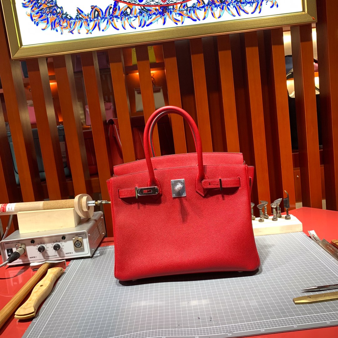 Hermes女包批发 爱马仕Q5中国红手掌纹牛皮铂金包Birkin25CM 银扣