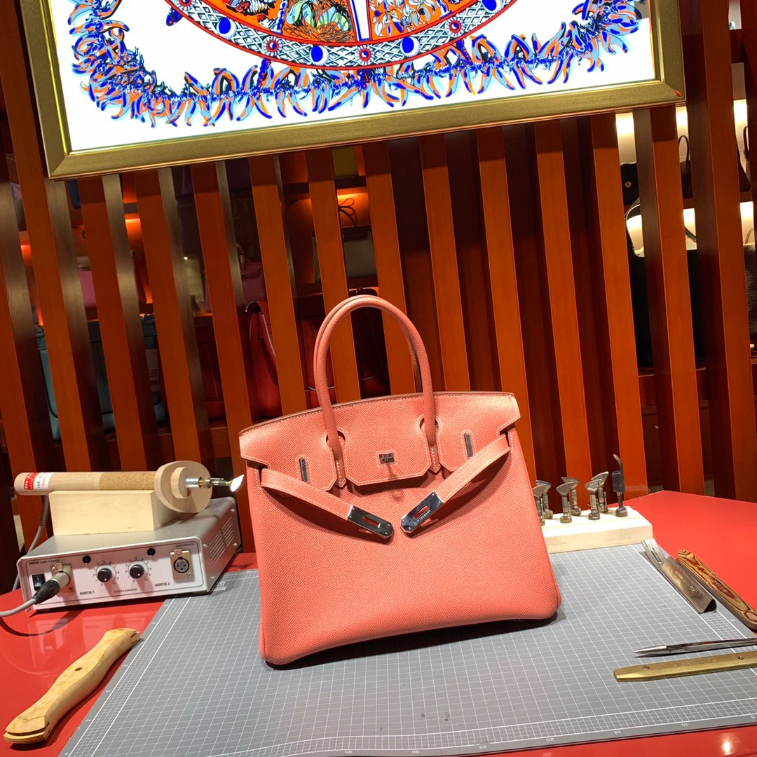 爱马仕包包官网 Hermes Birkin25CM L5龙虾粉进口Epsom牛皮铂金包 银扣