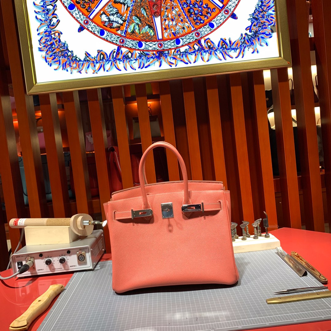 爱马仕包包官网 Hermes Birkin25CM L5龙虾粉进口Epsom牛皮铂金包 银扣