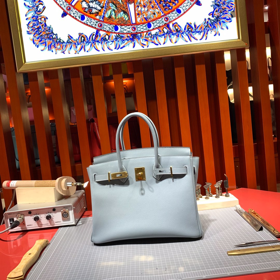 Hermes经典女包 爱马仕J7亚麻蓝顶级Epsom牛皮铂金包Birkin25CM 金扣