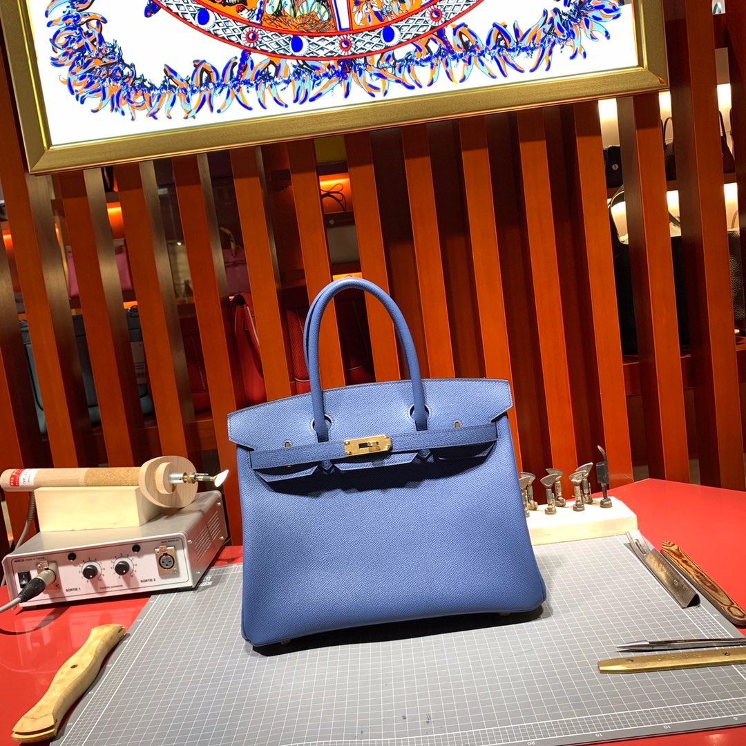 爱马仕铂金包价格 Hermes进口手掌纹牛皮Birkin25CM R2玛瑙蓝 金扣