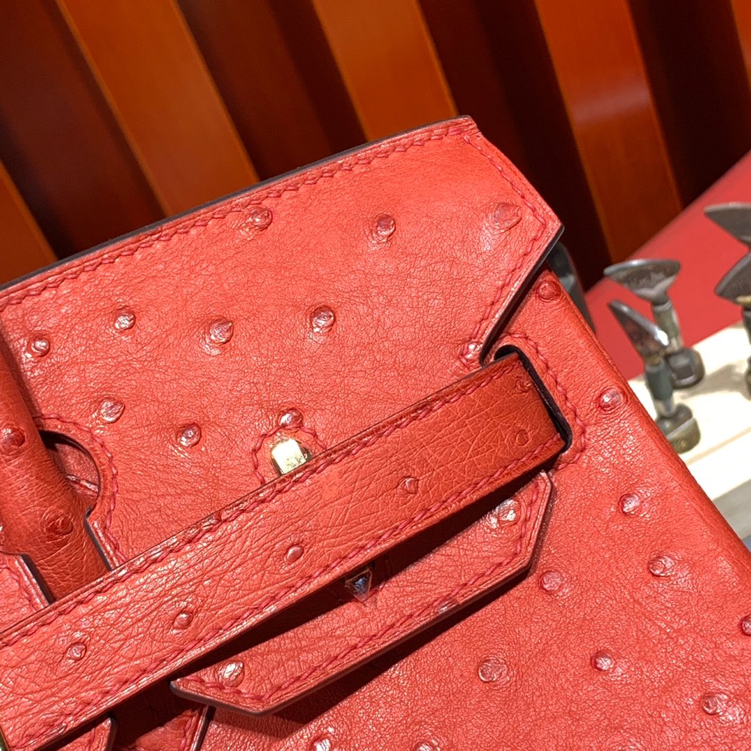 现货 Hermes Birkin30CM 爱马仕蕃茄红南非鸵鸟皮铂金包 金扣